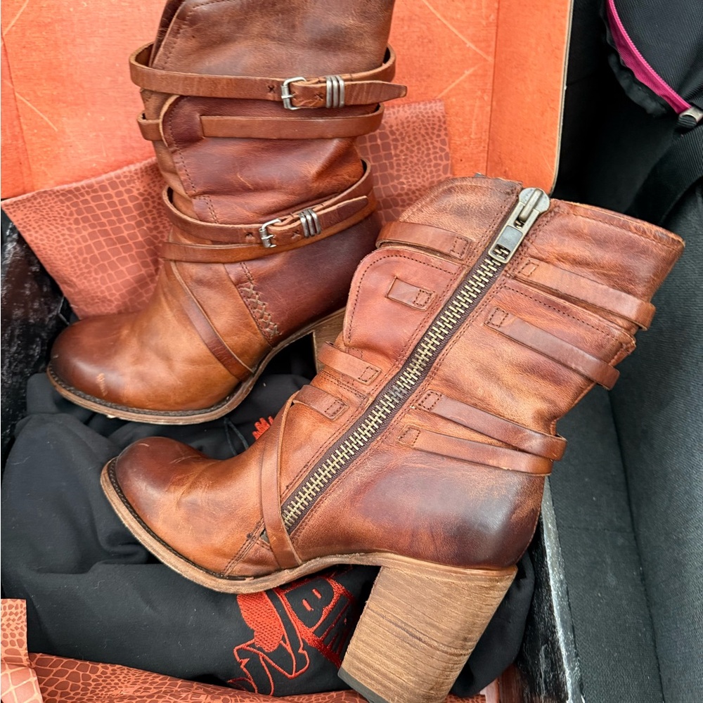 freebird Cognac Brown Leather Mid-Calf Heeled Boots